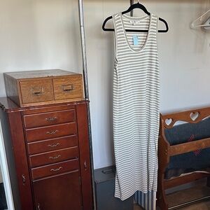 NWT Loft Striped Ribbed Tank Dress Slit beige, and white LP
